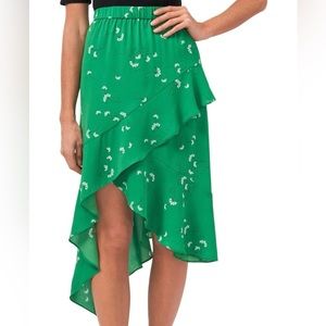 CeCe Asymmetrical Crossover Green Floral Ruffle Slirt, Size Medium